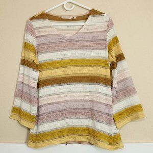 Soft Surroundings Sweater Open Knit Crochet Muted Pink Yellow Stripe Small S
